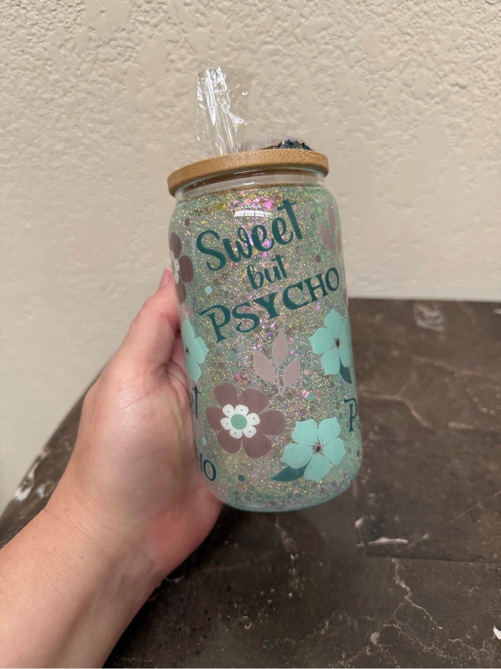 Sweet but Psycho Teal Floral Glitter 12 oz Glass Cup Handmade